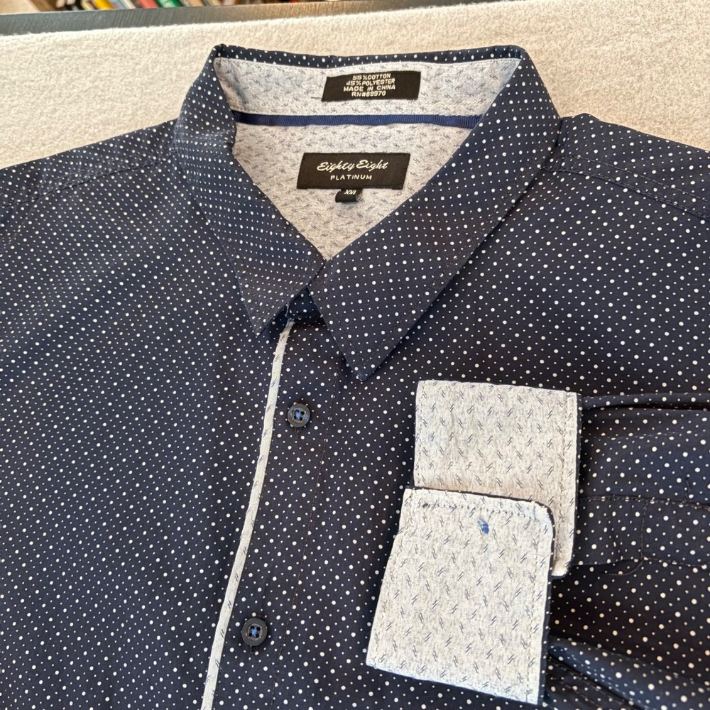 Eighty Eight Platinum Mens XXL Dress Shirt Navy Blue White Polka Dot Long Sleeve - Picture 12 of 12